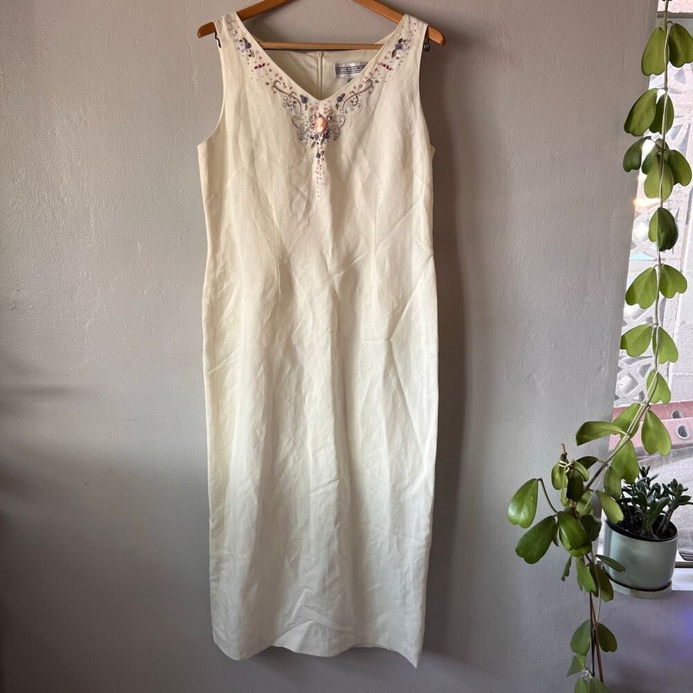 Jessica Howard vintage linen blend dress with jacket beaded embroidered beautifu